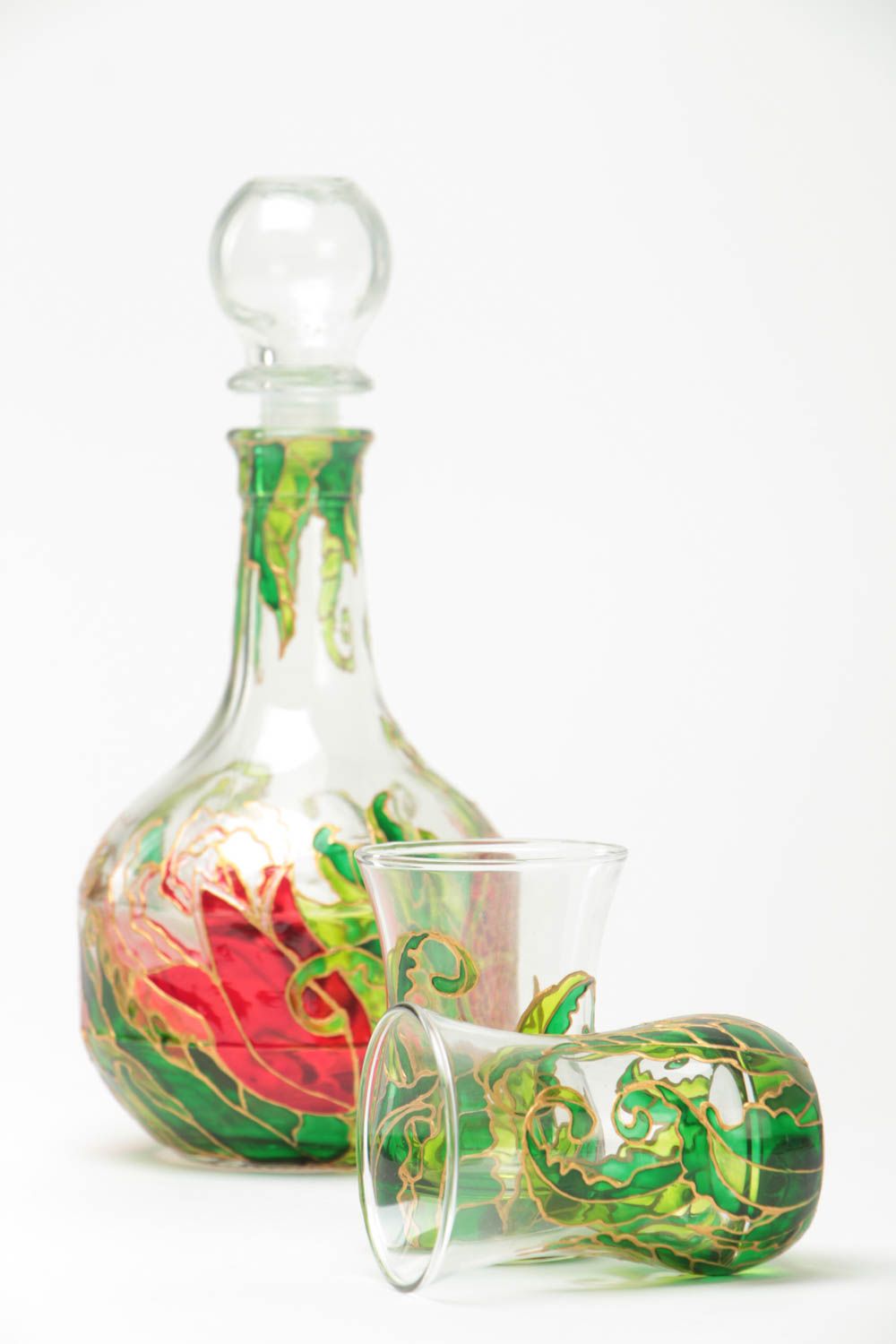 Ensemble carafe et petits verres en verre peints faits main originaux Grenade photo 4