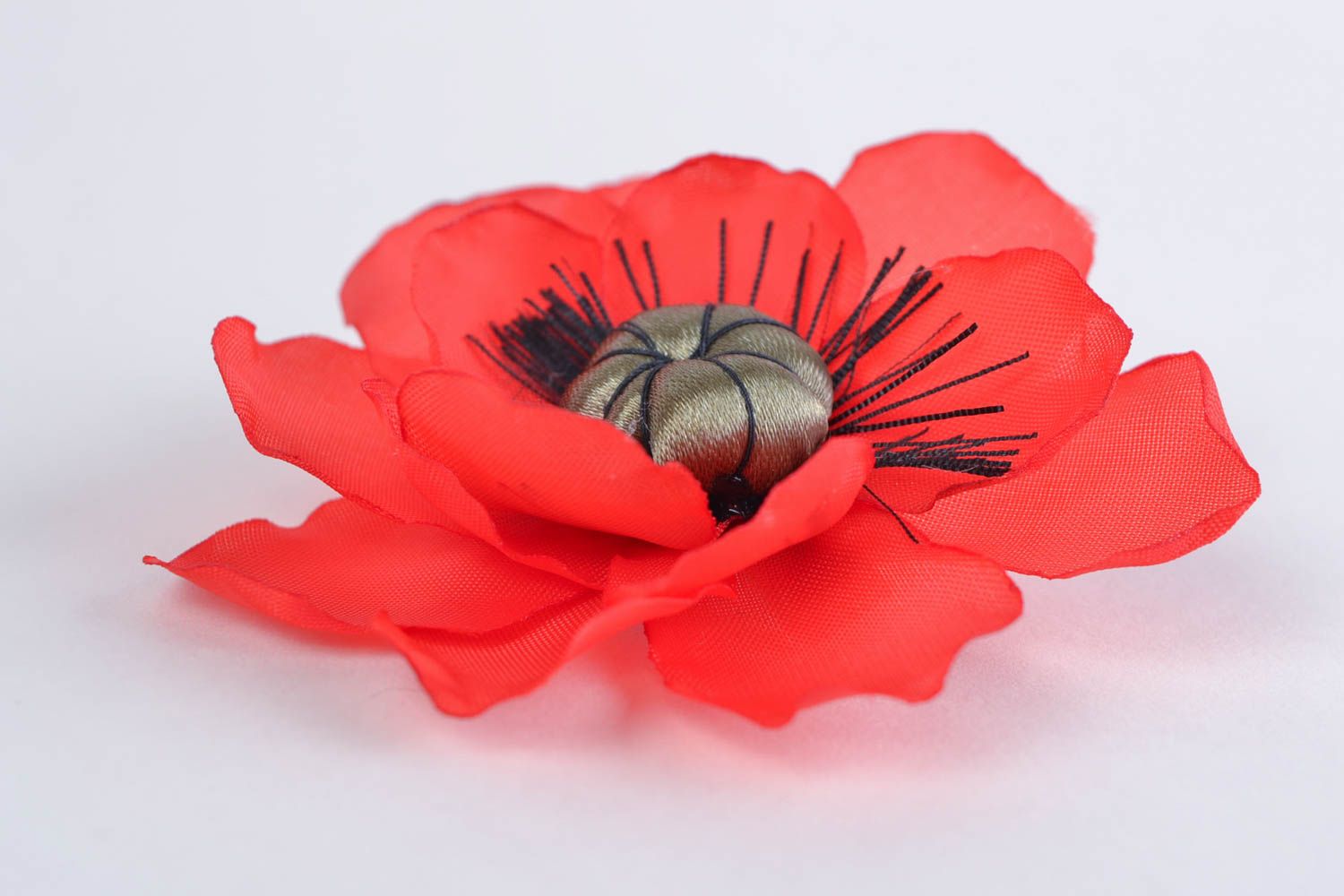 Handmade decorative hair clip with satin ribbon volume flower red Poppy photo 5