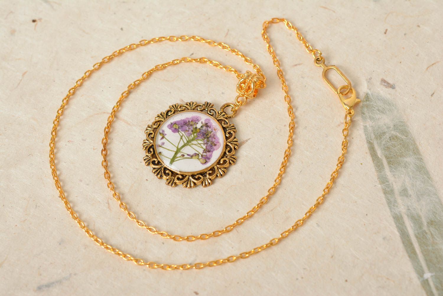 Pendant with natural flowers in epoxy resin on long chain handmade accessory photo 1