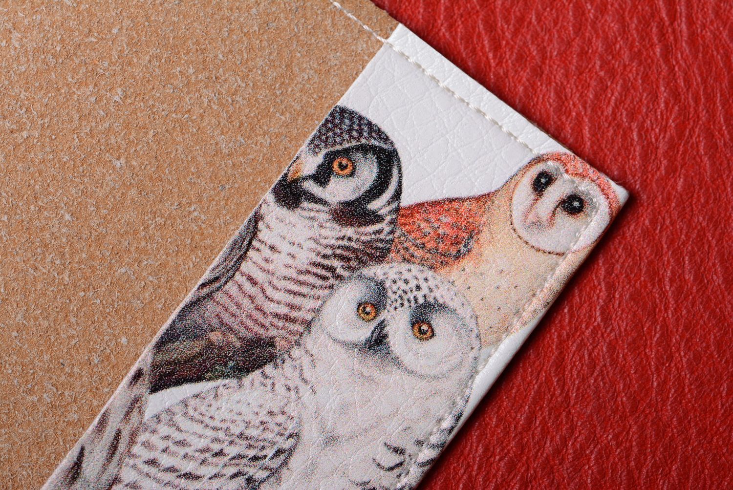 Handmade genuine leather passport cover with print Owls photo 5
