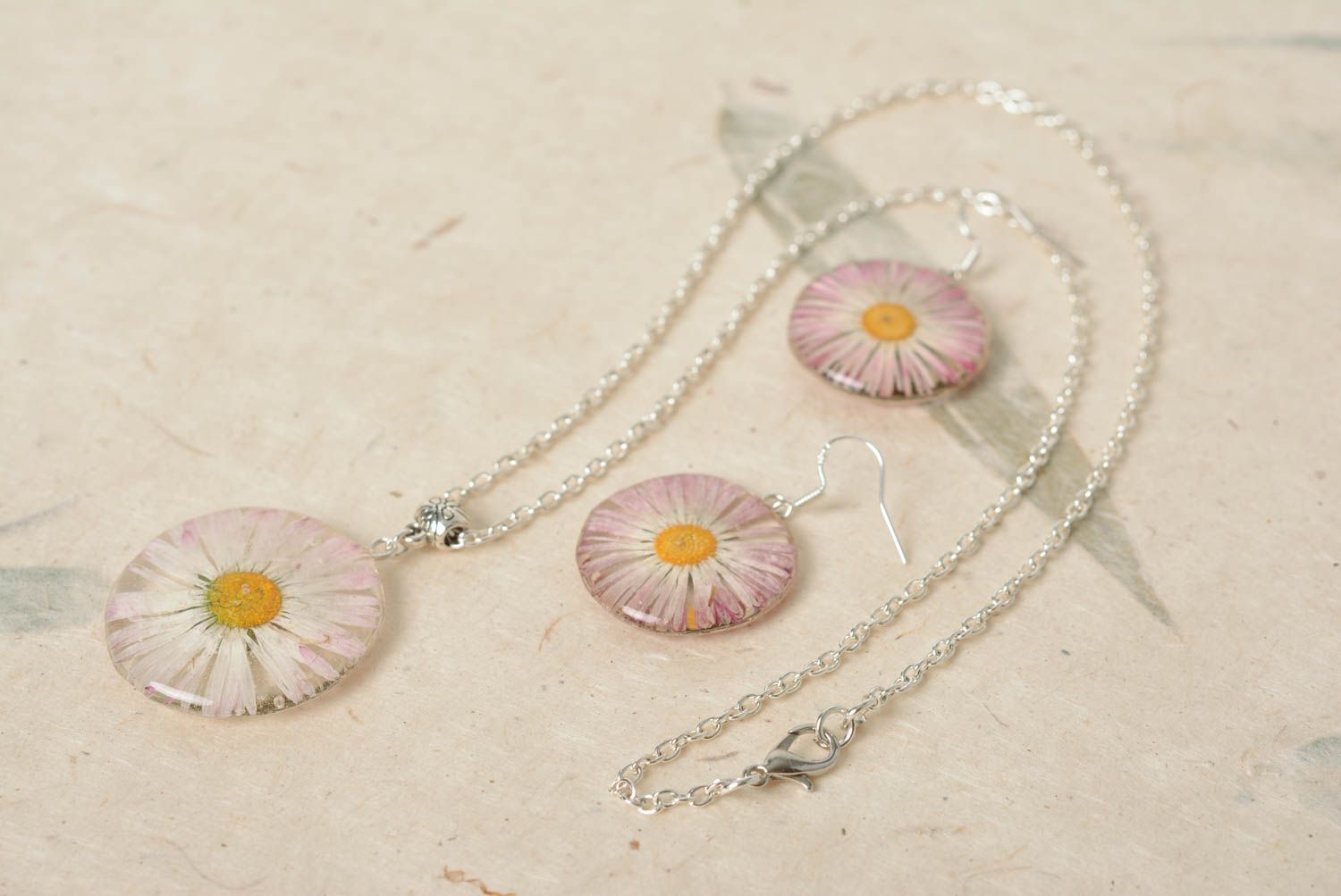 Set of handmade designer botanical earrings and pendant with epoxy coating photo 1