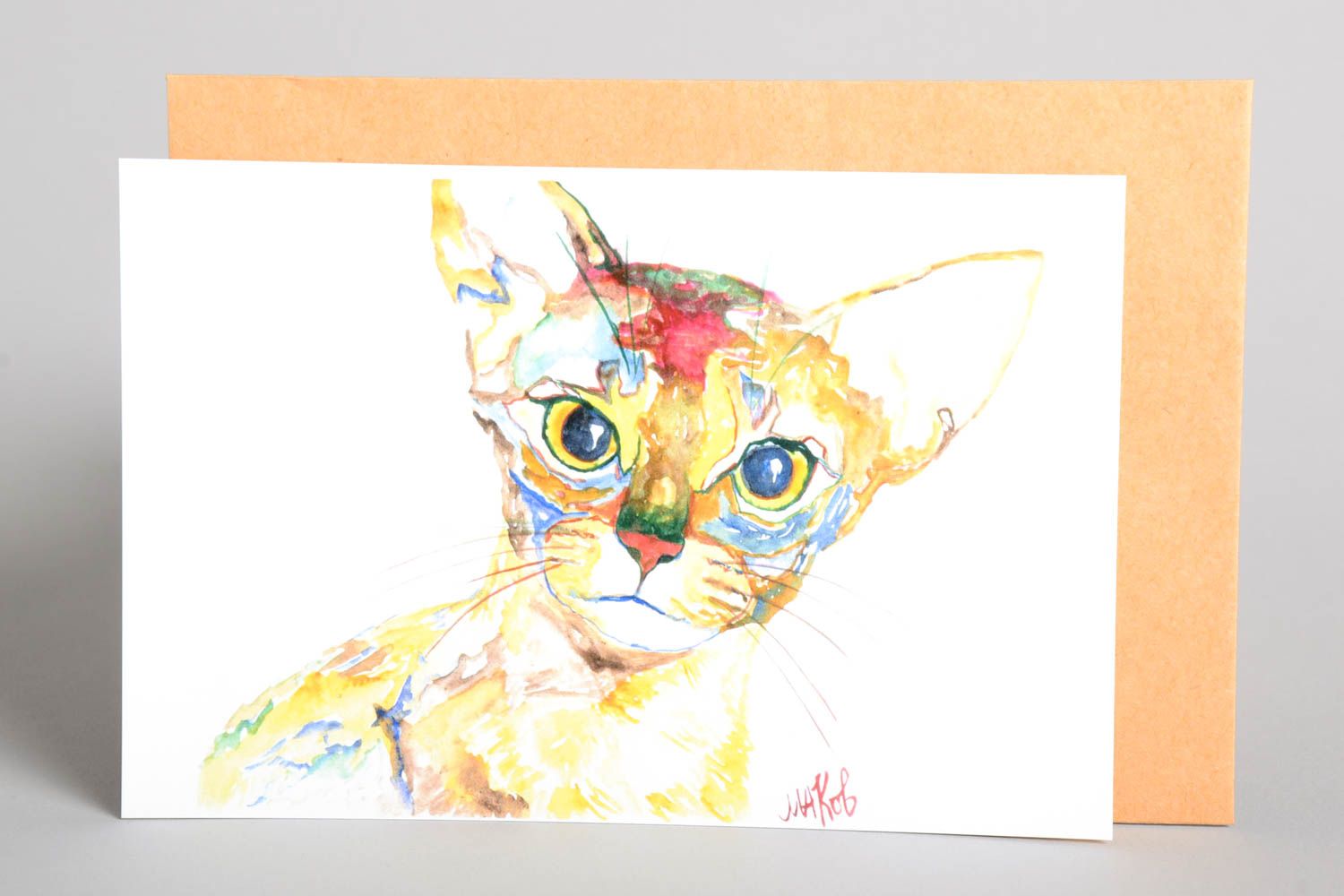 Carte de voeux papier faite main blanche avec chat multicolore Cadeau original photo 2