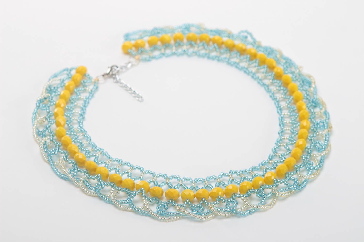 Collier perles rocaille Bijou fantaisie fait main jaune bleu Accessoire femme photo 3