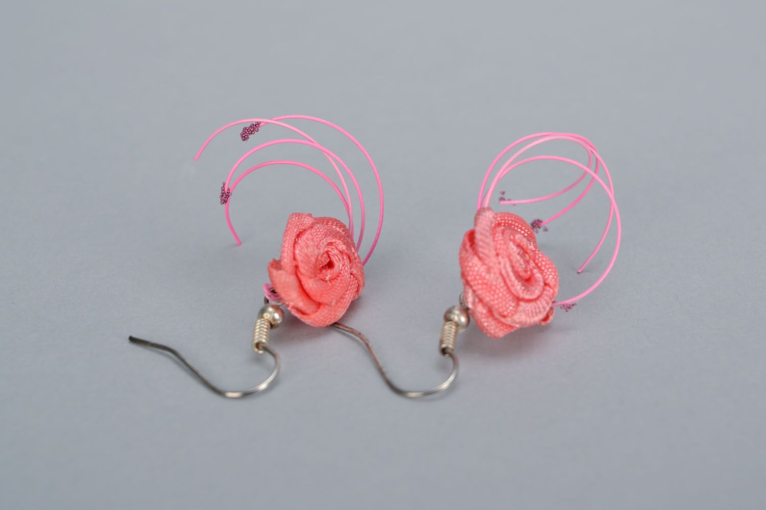 Earrings made of satin ribbons Roses photo 4
