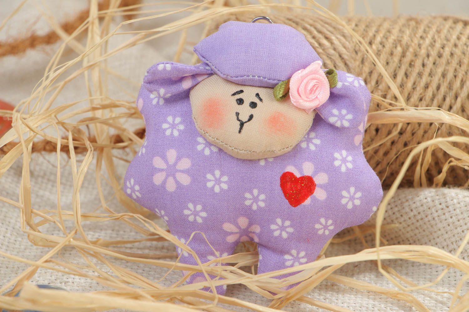Handmade small soft toy keychain sewn of violet cotton fabric Lamb with red heart photo 1