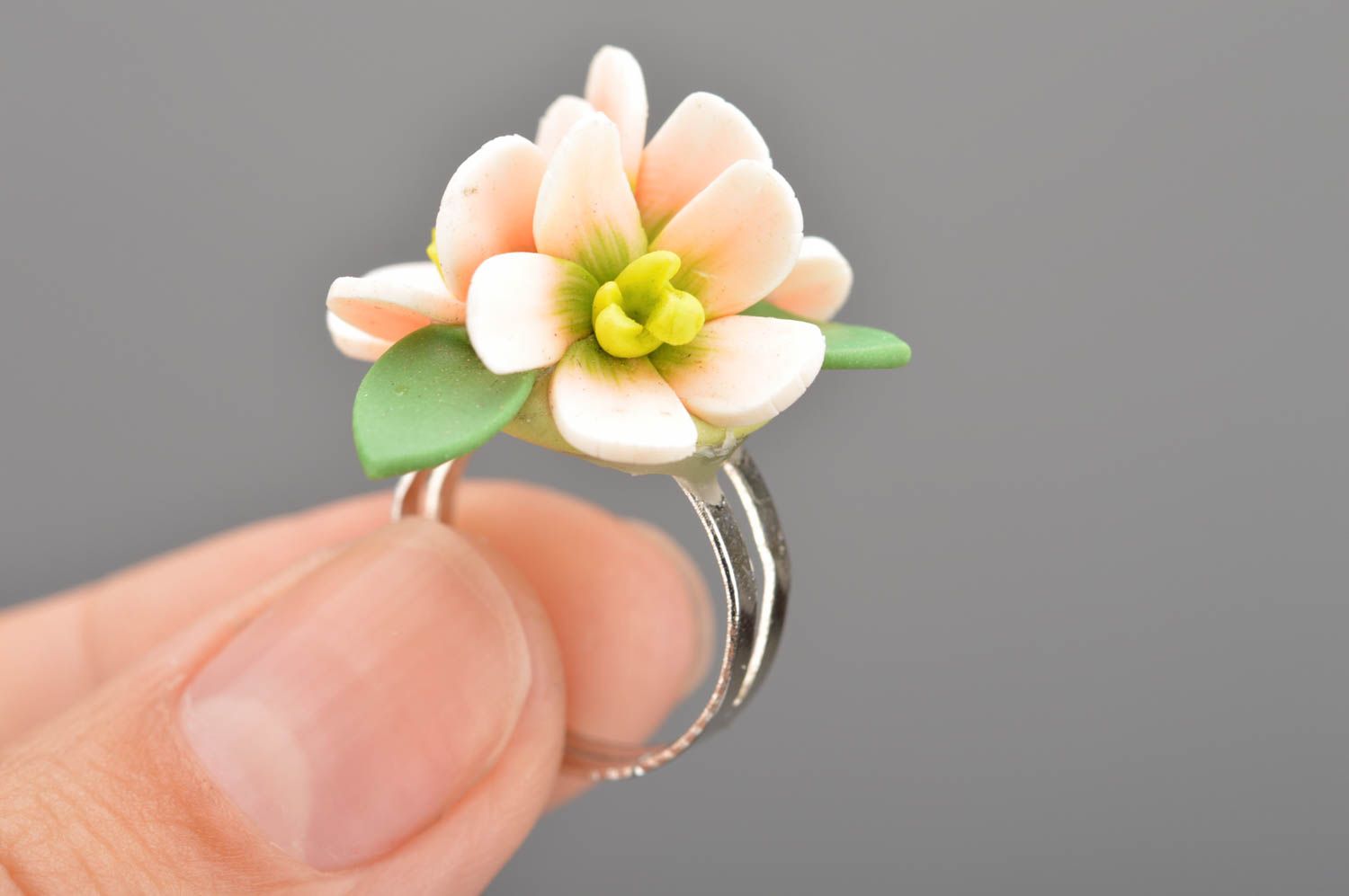 Handmade designer ring made of polymer clay in shape of volume sacura flowers photo 2