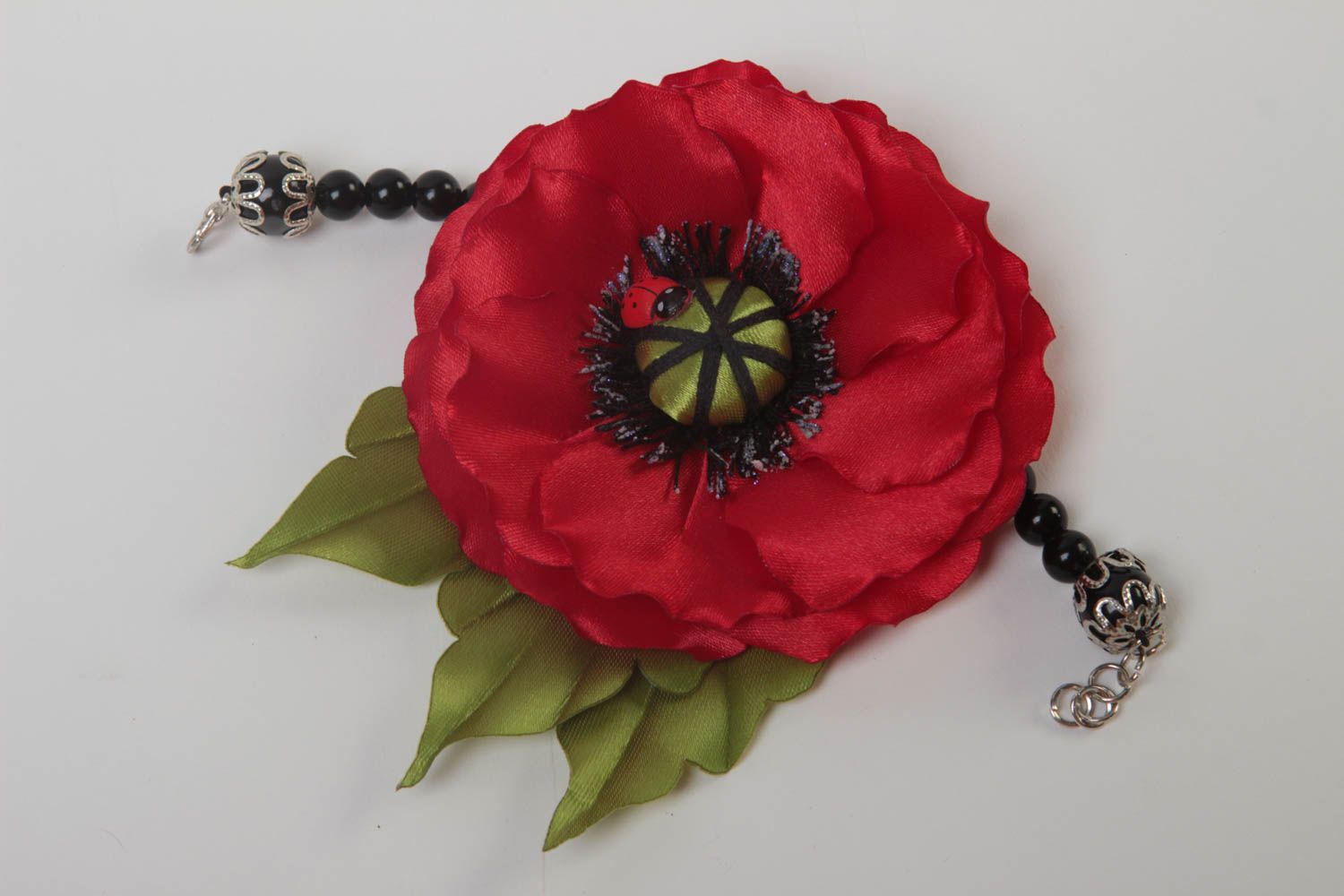 Bracelet fantaisie Bijoux fait main Coquelicot Cadeau femme rouge et noir photo 2