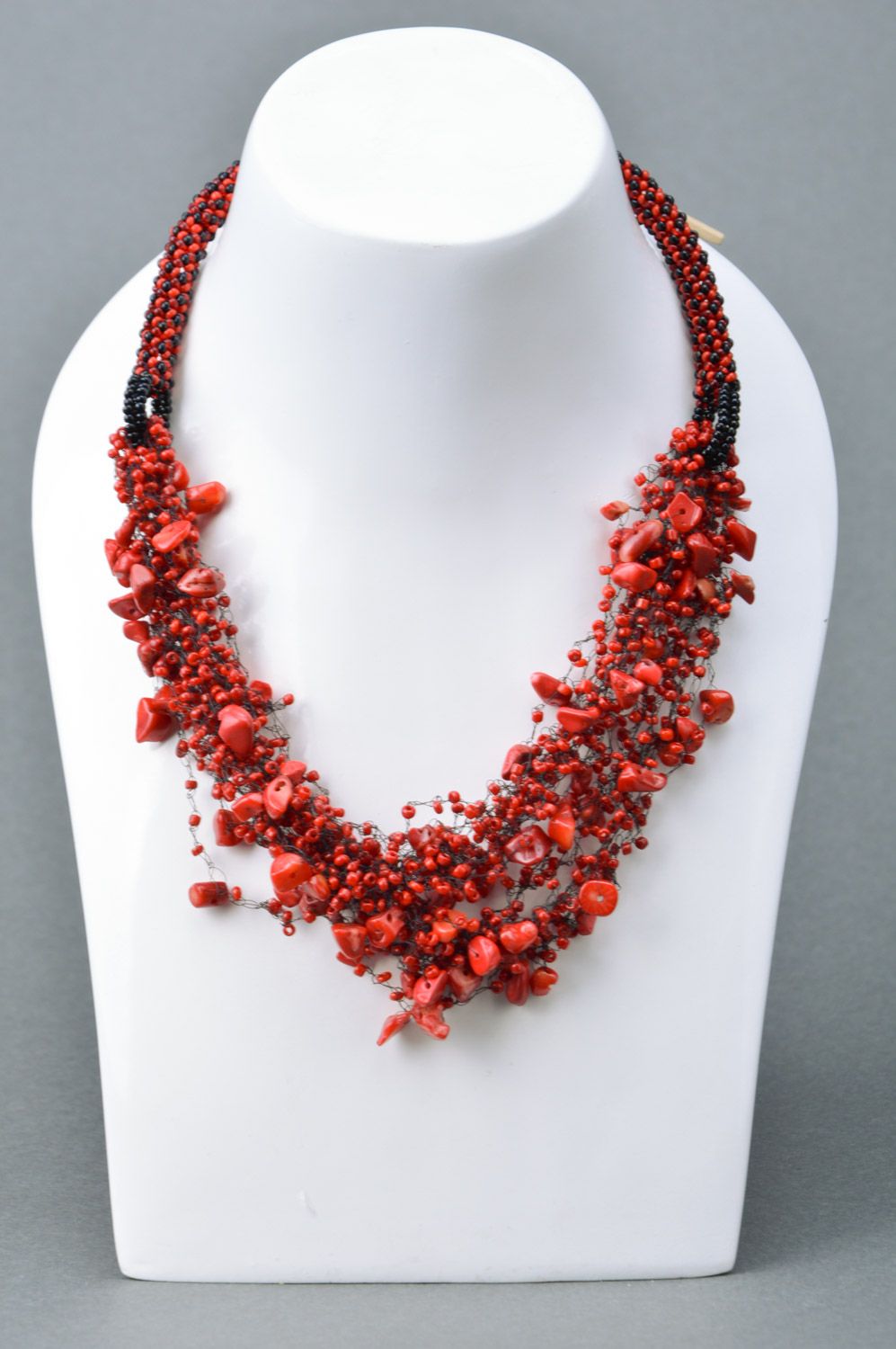 Festive handmade evening necklace woven of Czech beads of red color photo 1