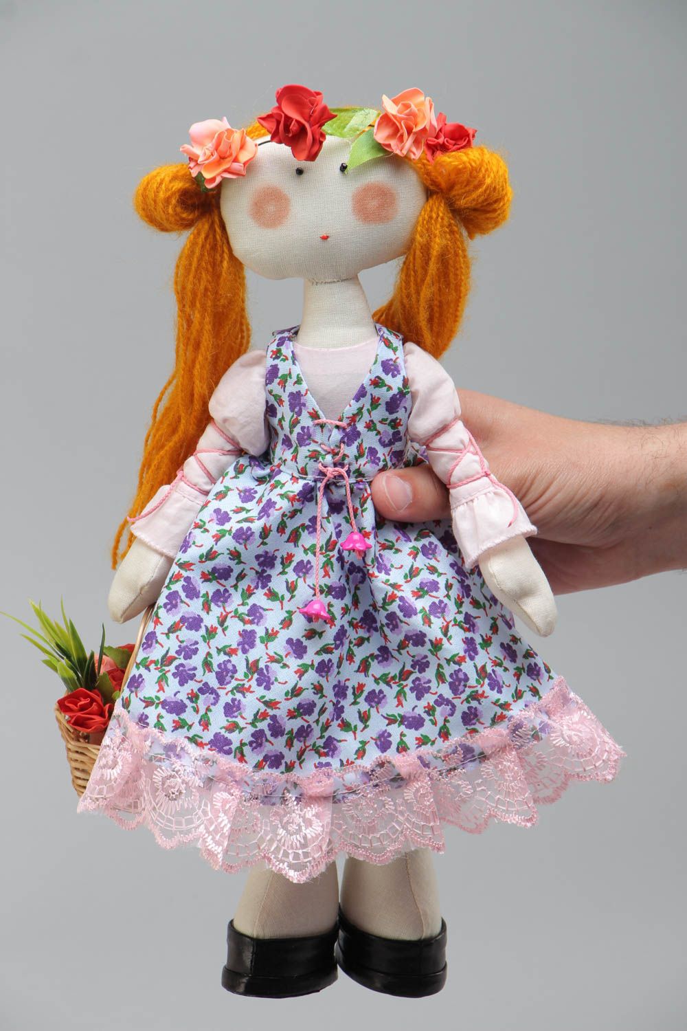 Handmade soft doll sewn of cotton fabric girl in violet dress with ginger hair photo 5