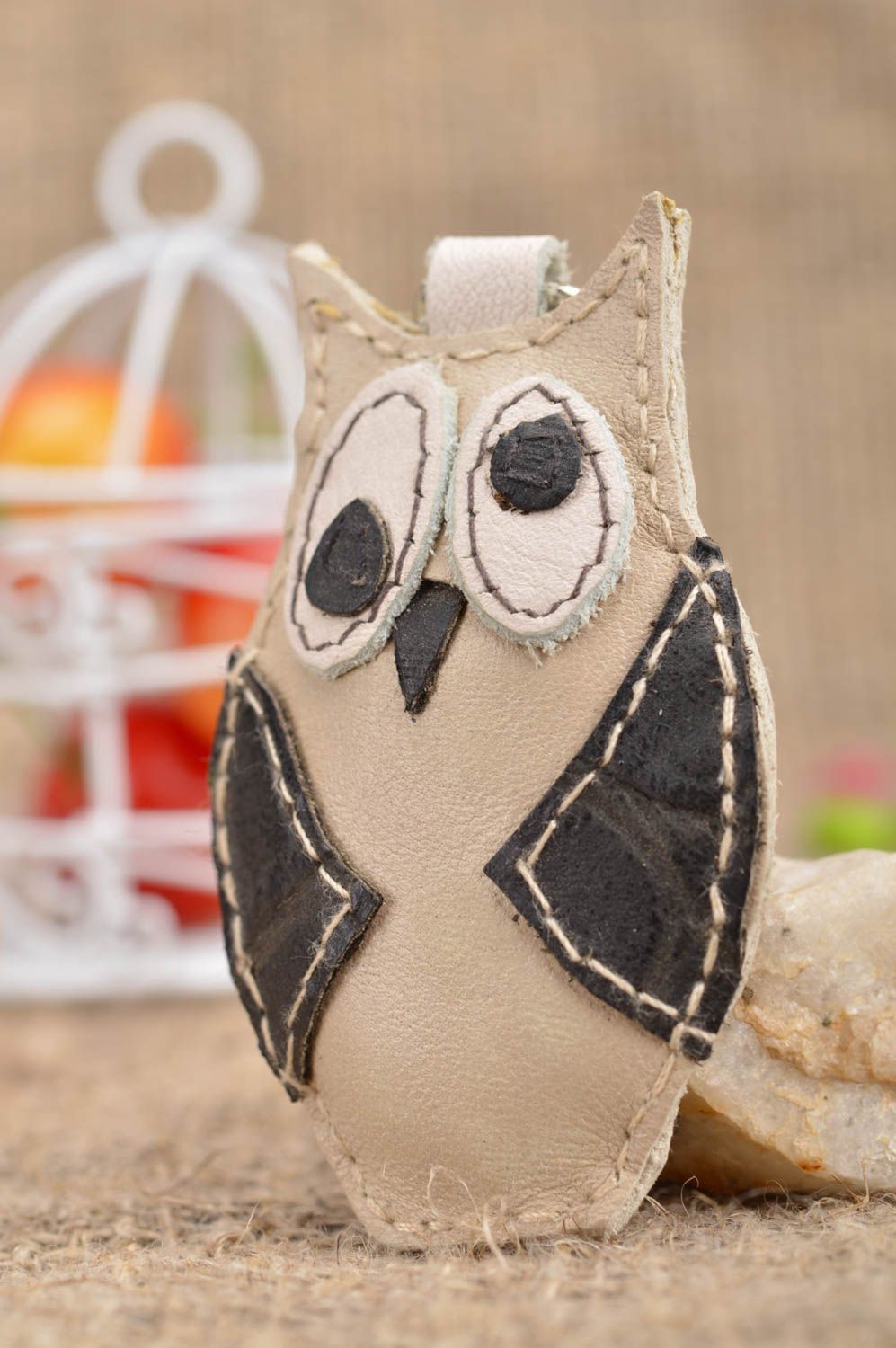 Handmade designer leather key chain soft toy cute gray owl key fob for children photo 5