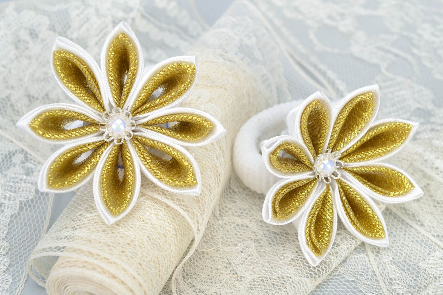Handmade stylish beautiful golden scrunchies kanzashi art set of 2 pieces  photo 1