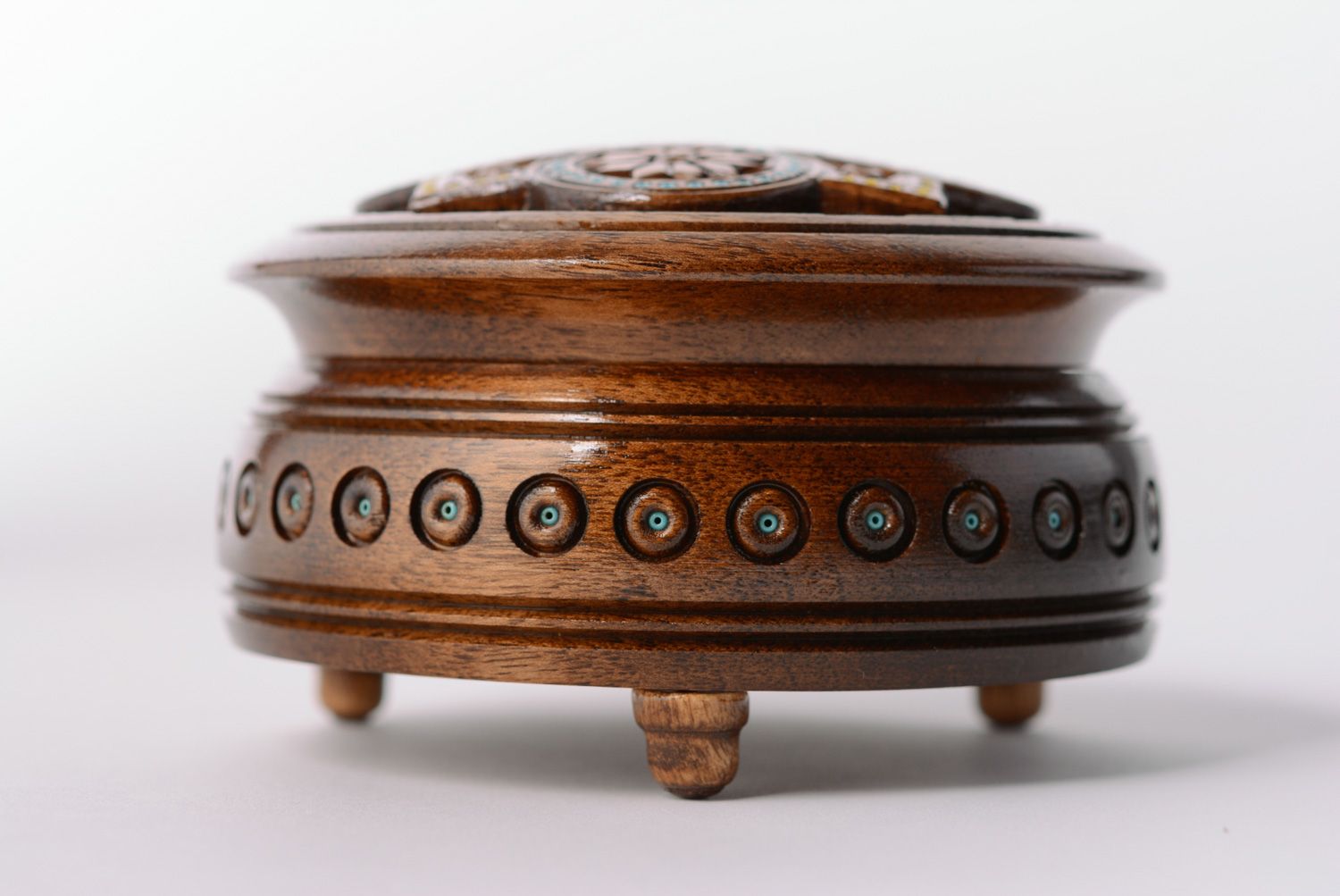 Handmade round wooden jewelry box on legs with art carving and bead inlay photo 2