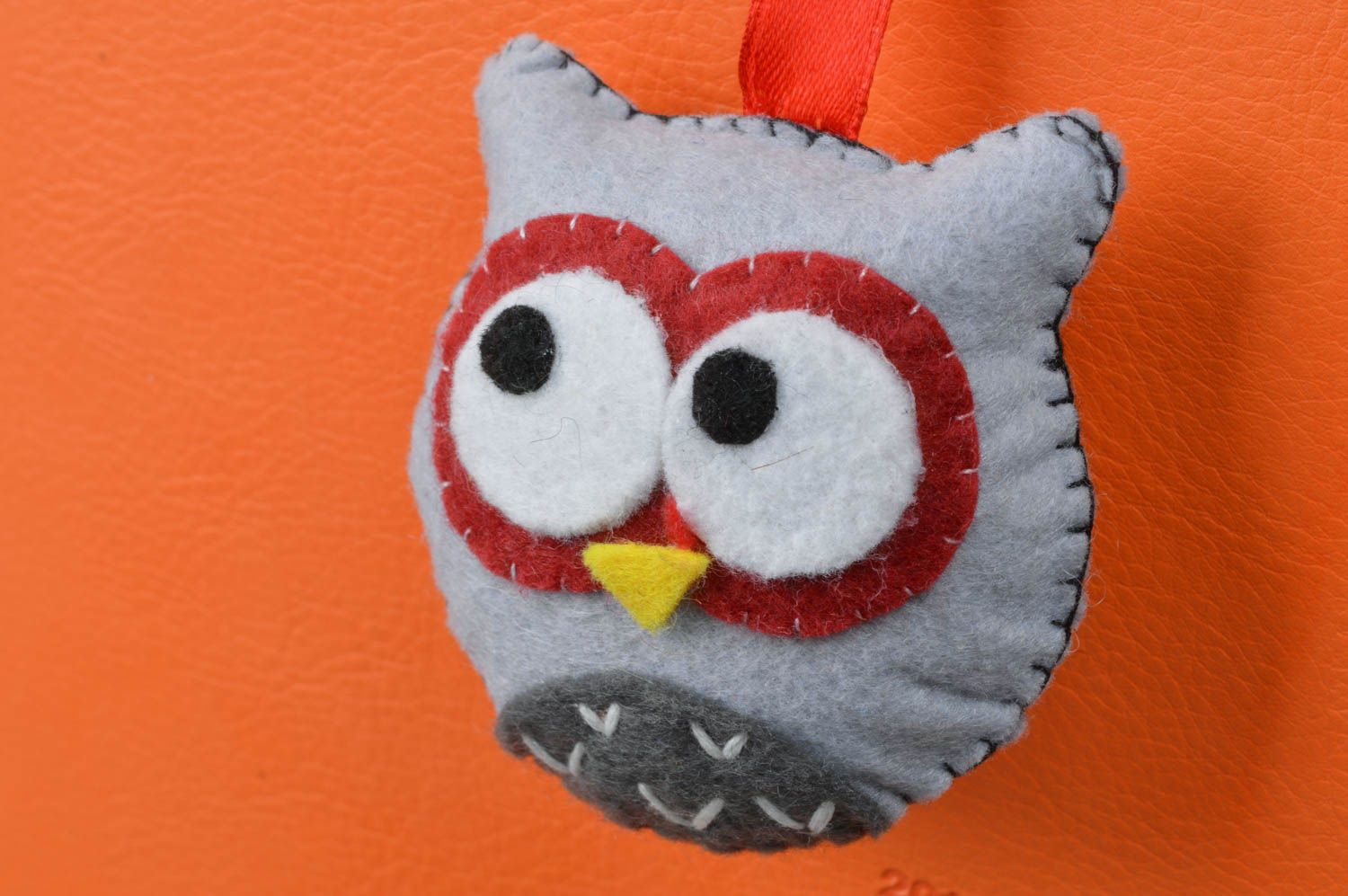 Handmade designer ribbon bookmark with charm gray felt toy owl with embroidery photo 3