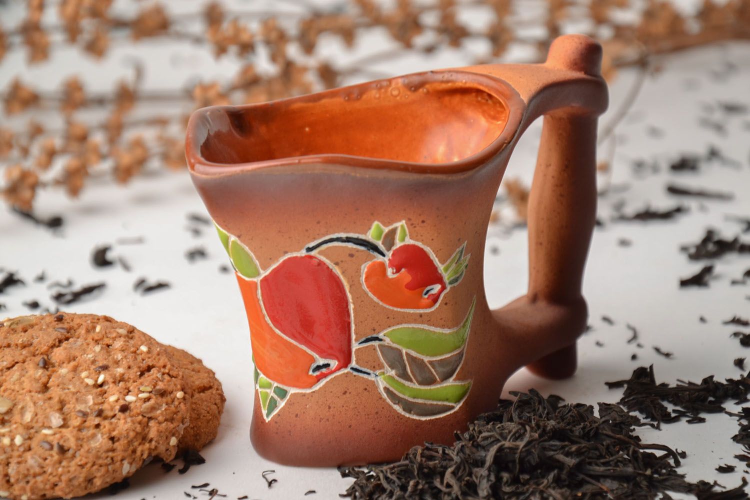 Clay glazed ceramic handmade coffee mug with handle and apple pattern 0,63 lb photo 1