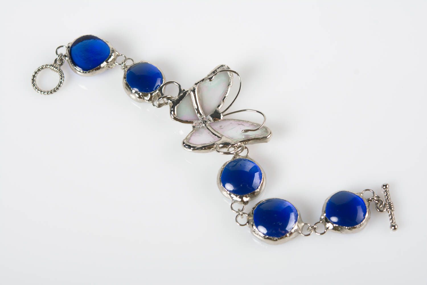 Boucles d'oreilles et bracelet bleus faits main en verre vitrail accessoires photo 3