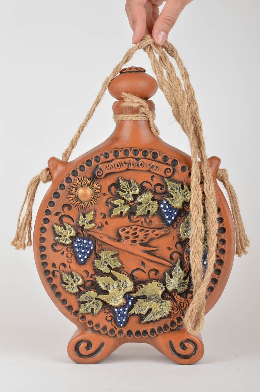 Handmade unusual ceramic painted decanter flat bottle with glaze Stork photo 3