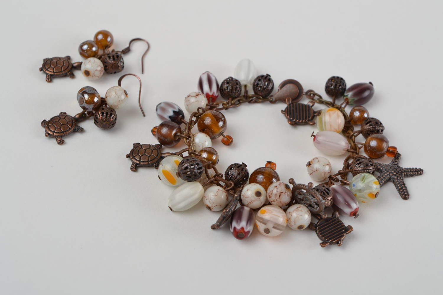 Handmade brown natural stone jewelry set  earrings and bracelet with charms photo 5