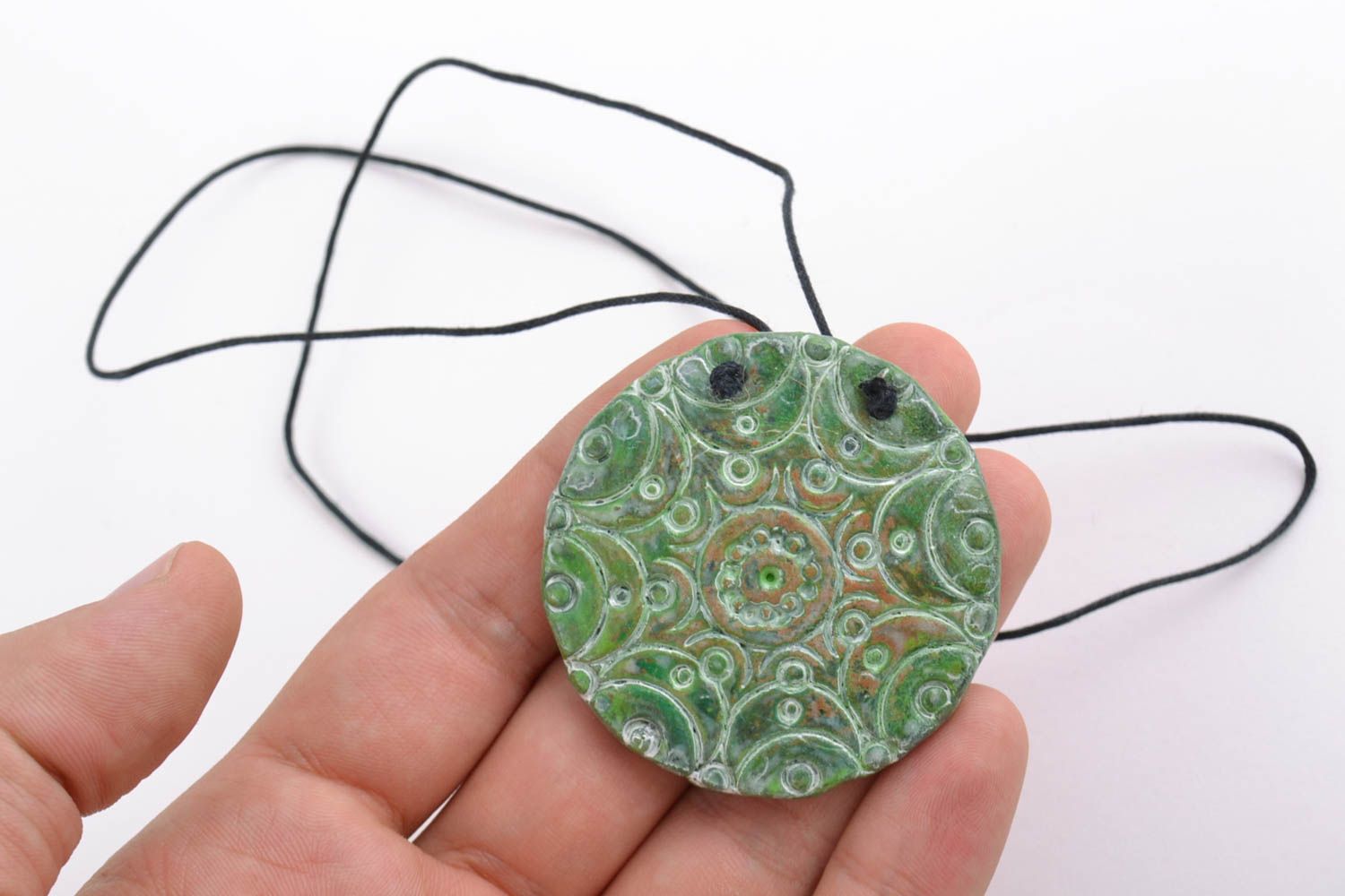 Handmade decorative round pendant in ethnic style green stylish accessory  photo 2