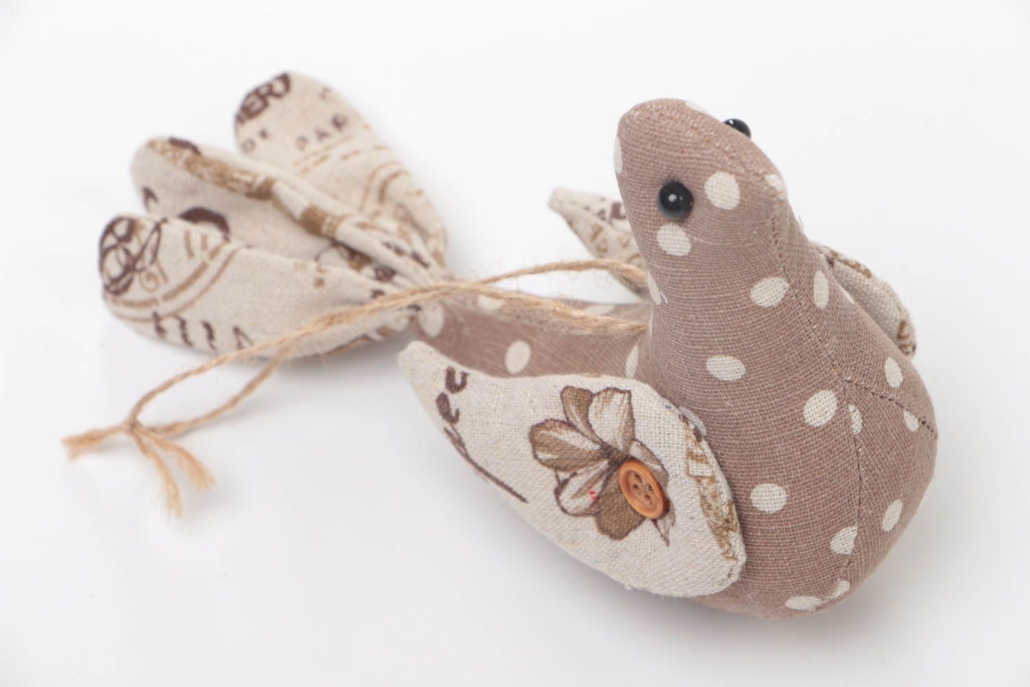 Small handmade decorative wall hanging soft toy bird sewn of beige fabric  photo 3