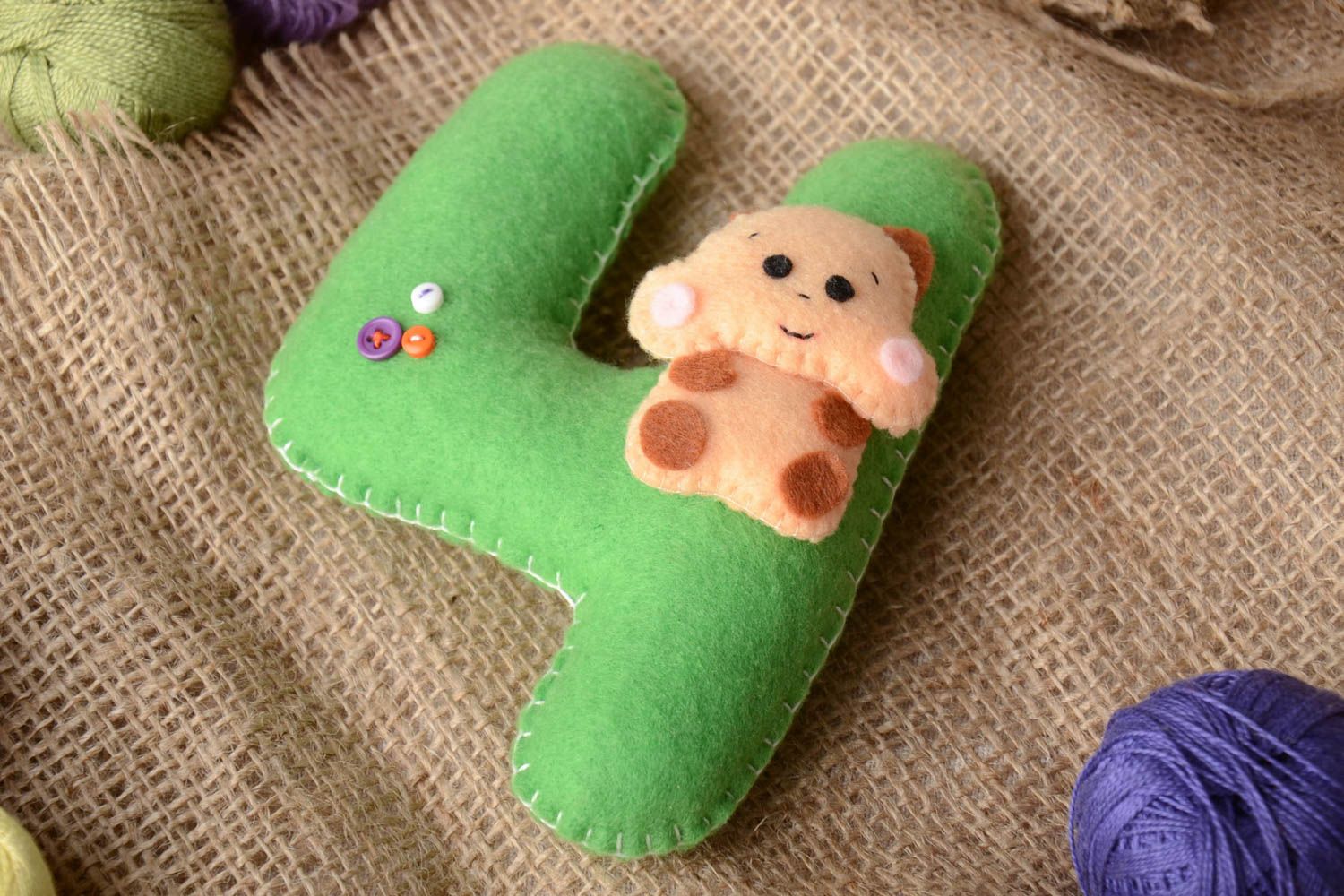 Handmade small green felt educational soft toy number four with decor for kids photo 1