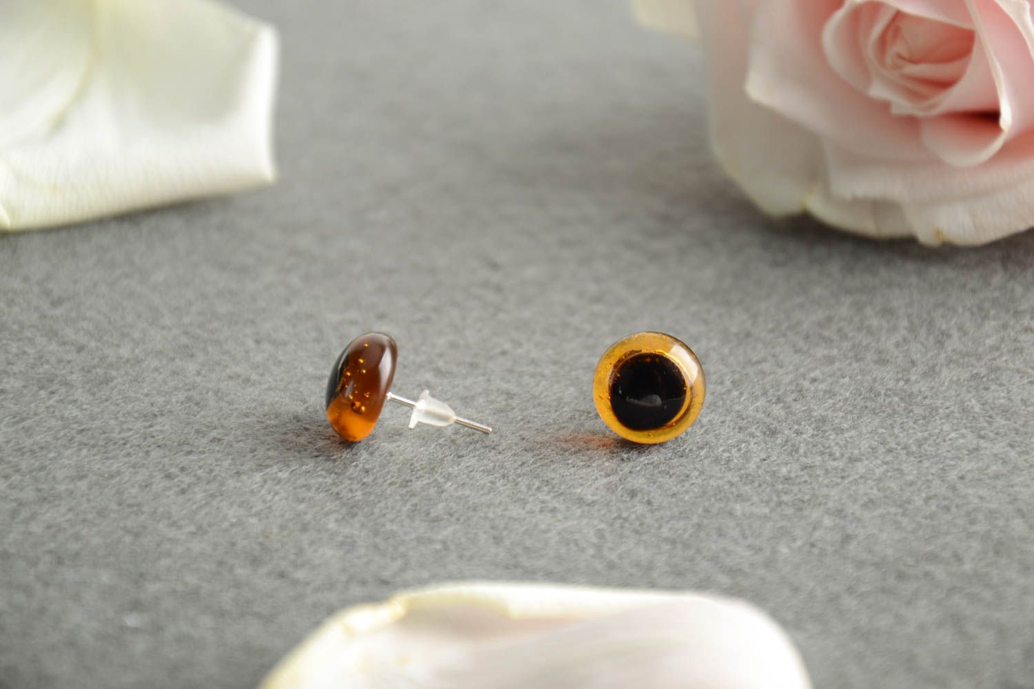 Orange handmade stud earrings glass fusing technique designer accessory photo 1