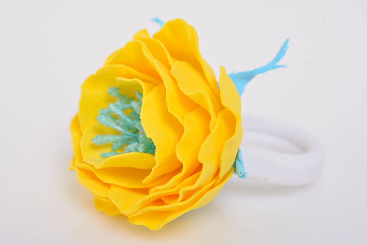Handmade designer elastic hair band with volume yellow flower made of foamiran photo 1