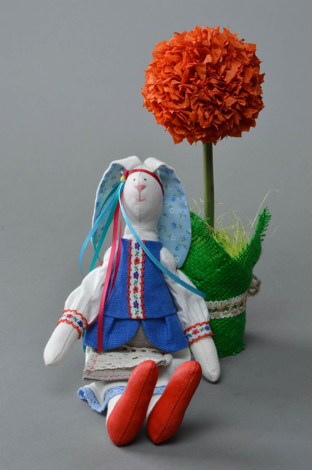 Handmade designer linen and cotton soft toy rabbit girl in traditional costume photo 1