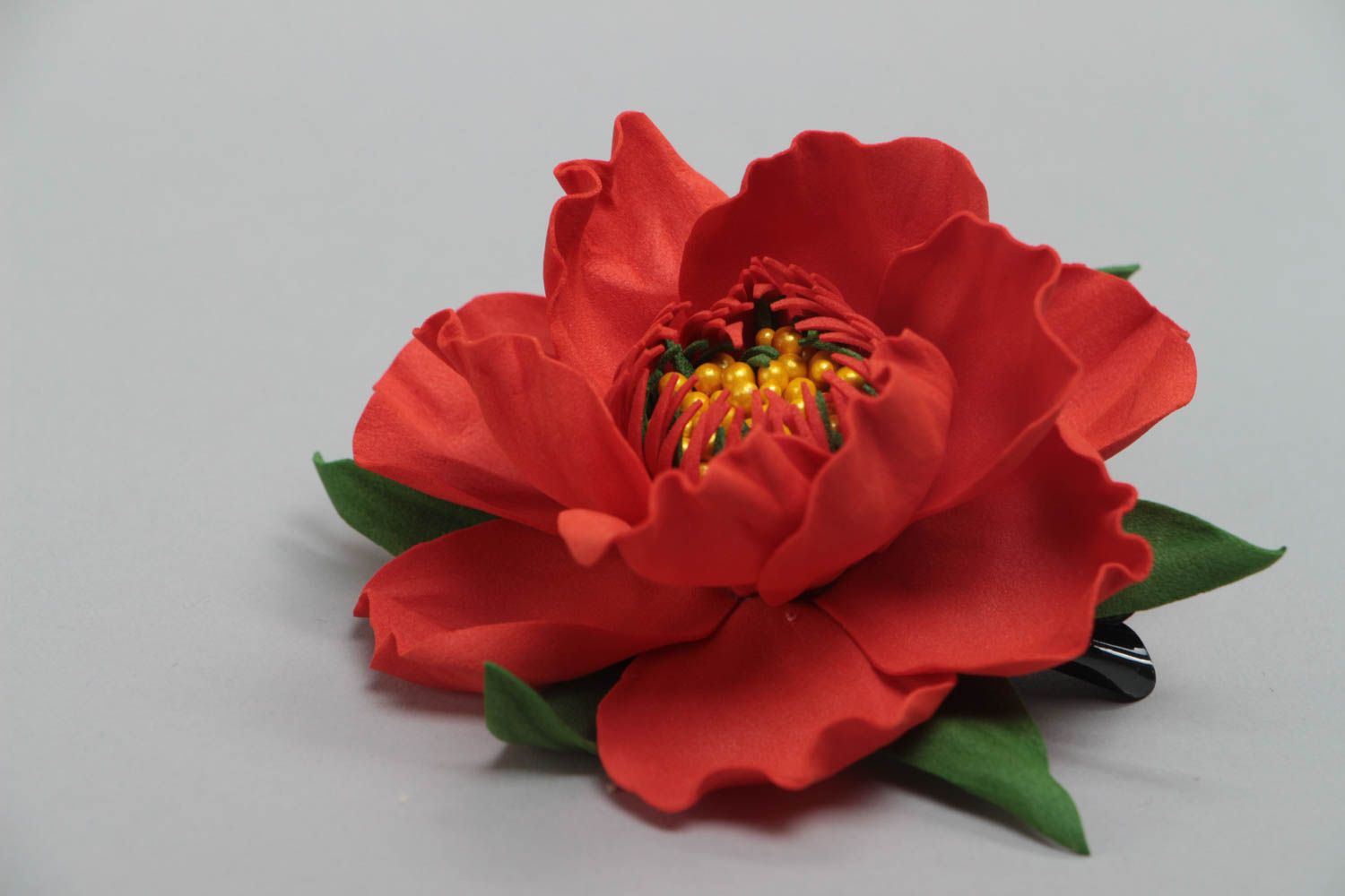 Handmade designer hair clip with large volume foamiran flower of red color photo 3