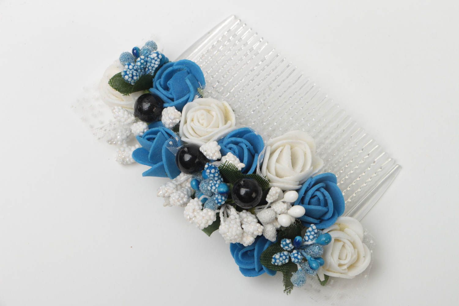 Handmade Blumen Haarkamm aus Plastik künstlerisch blau weiß für Abendlook foto 2