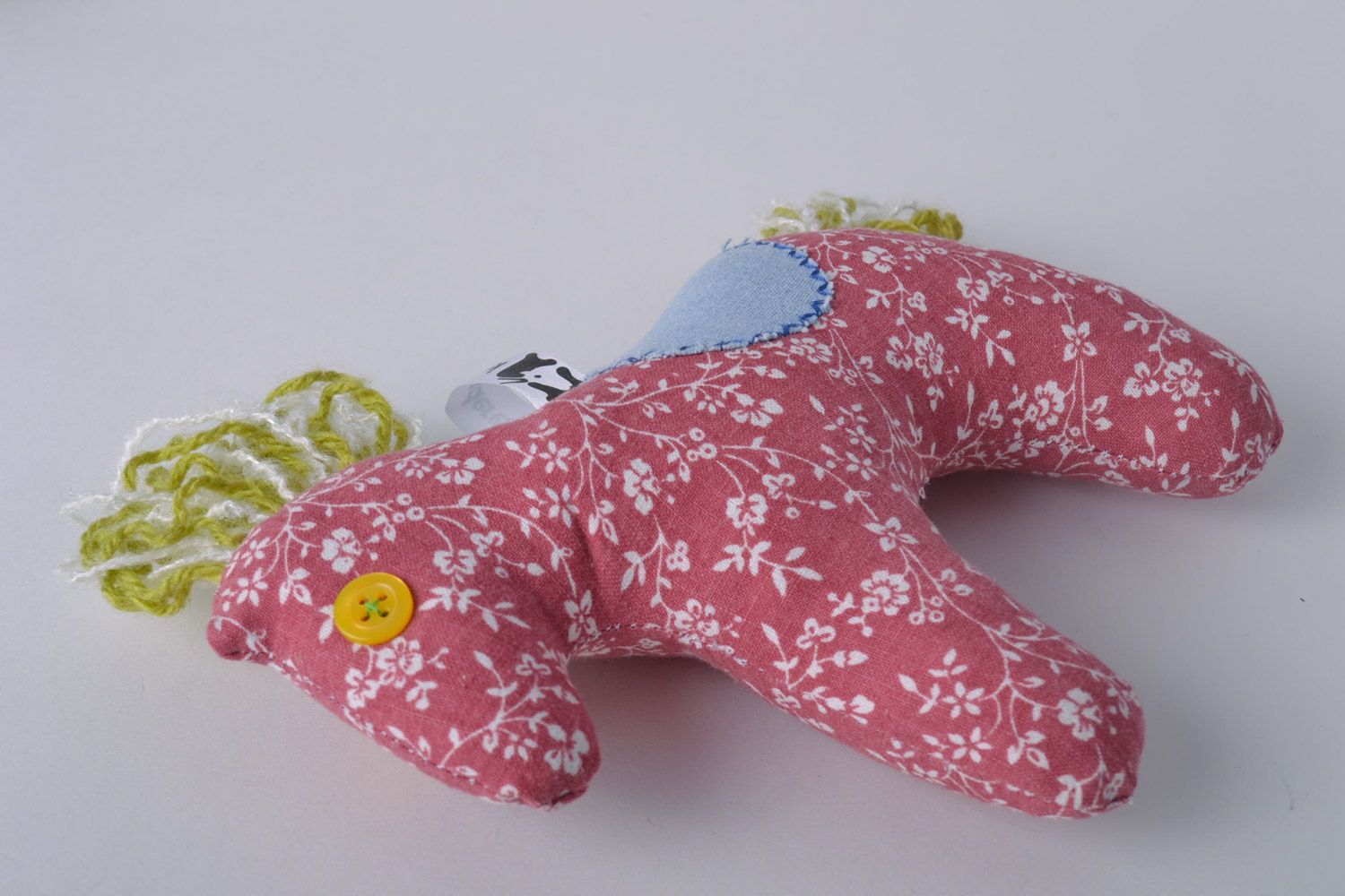 Handmade small soft toy sewn of bright pink patterned fabric horse for baby girl photo 3