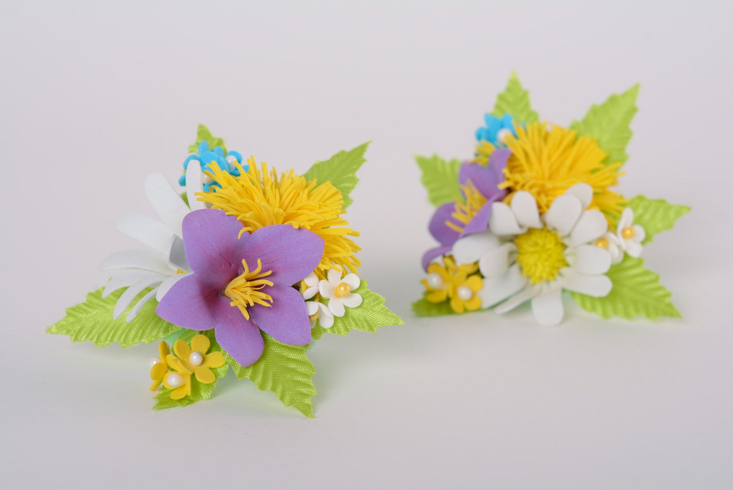 Set of handmade women's foamiran fabric hair ties with flowers 2 pieces photo 1