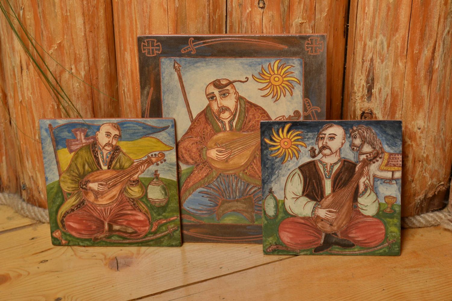 Set of 3 handmade ceramic facing tiles painted with engobes Bandura Players photo 1