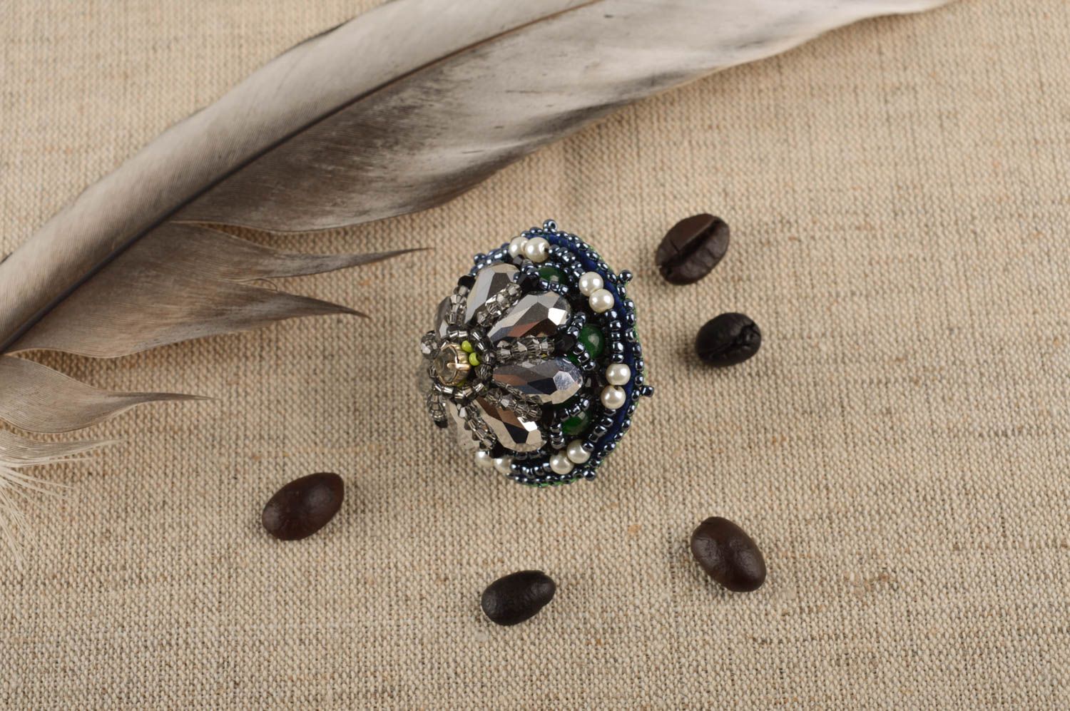 Кольцо ручной работы винтажное кольцо роскошное украшение из бисера праздничное фото 1
