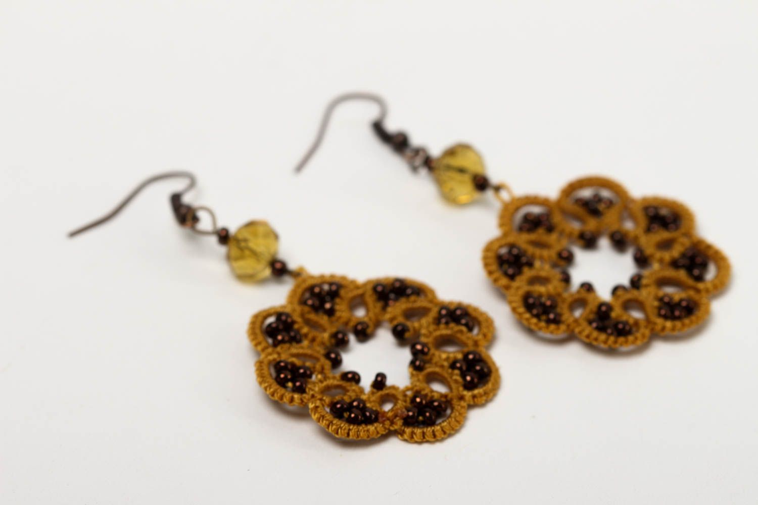 Unusual handmade woven earrings beaded earrings tatting accessories for girls photo 3
