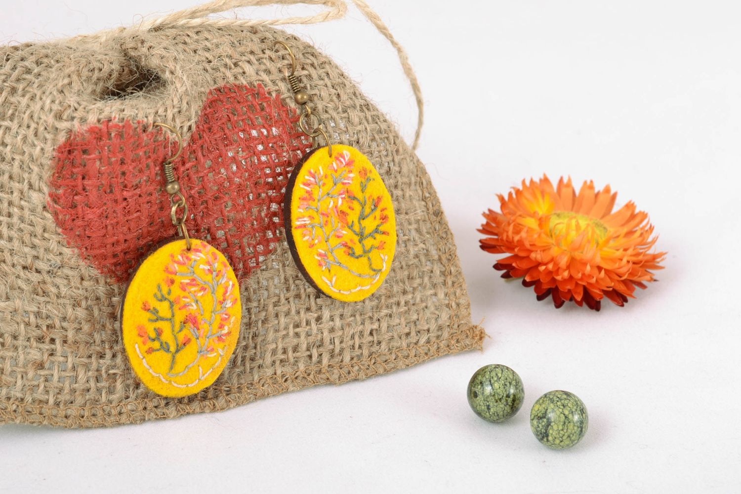 Bright yellow earrings of oval shape with embroidery photo 1