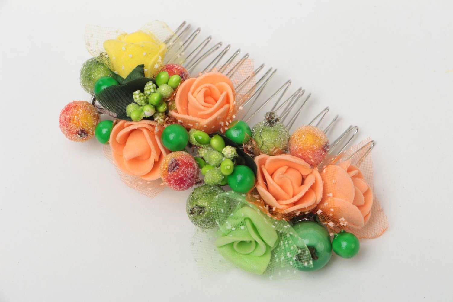 Beautiful handmade hair comb with flowers berries and stamens photo 2