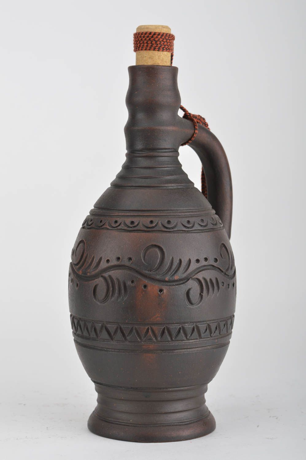 Handmade dark brown ceramic decorative bottle ornamented in ethnic style 700 ml photo 2