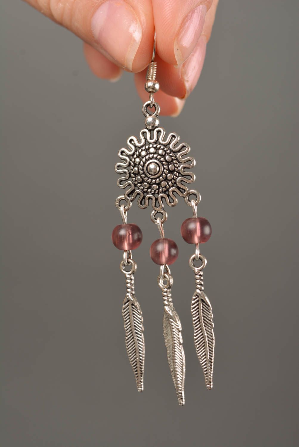 Handmade massive ethnic metal dangle earrings with small glass beads photo 2