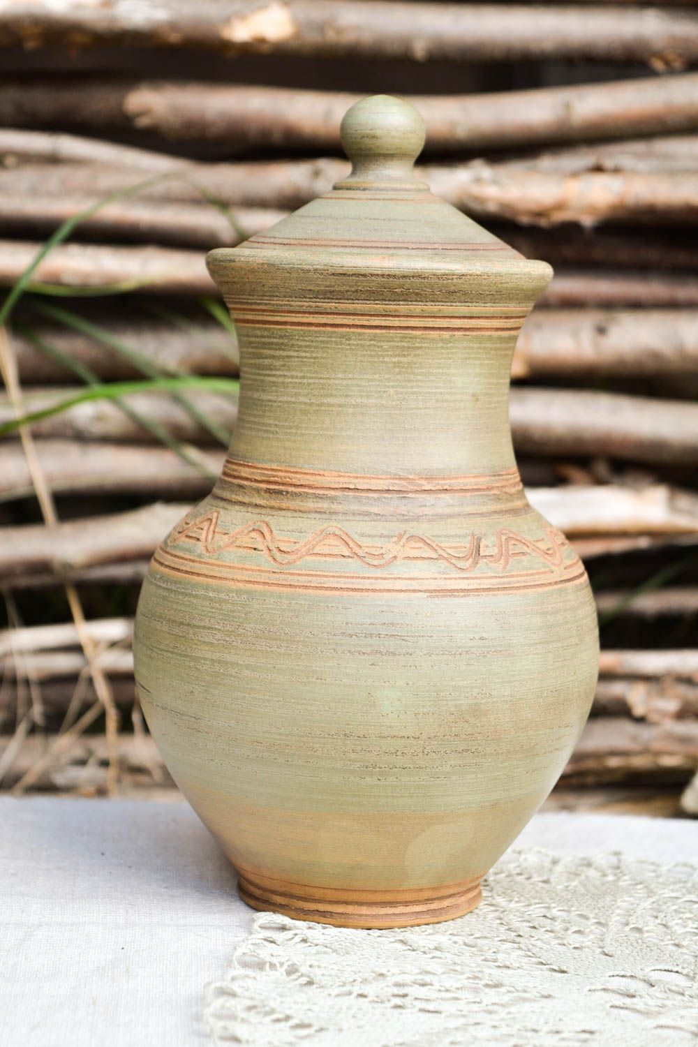 9 inches 30 oz handmade ceramic milk pitcher in olive color 1,6 lb photo 1