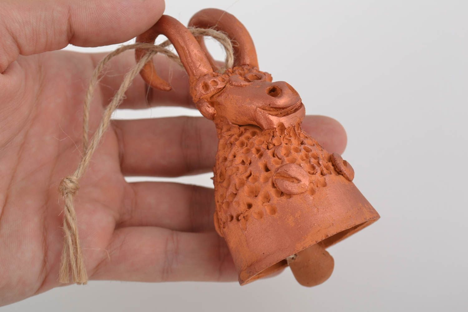 Clay painted unusual handmade bell in shape of ram photo 2