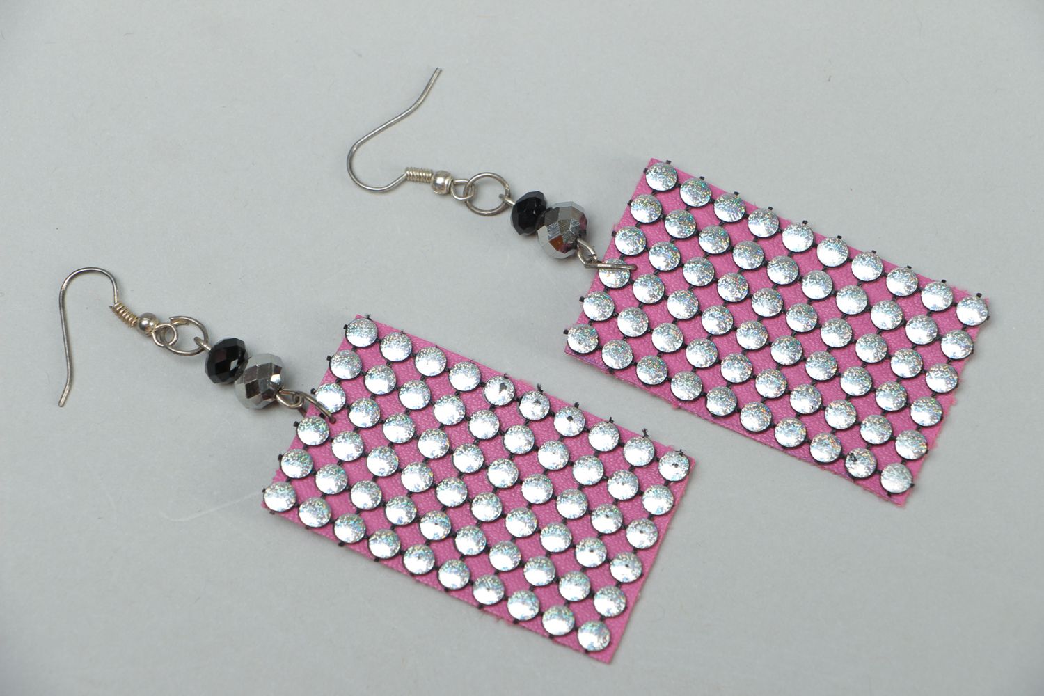 Artificial leather earrings of rectangular shape with rhinestones photo 1