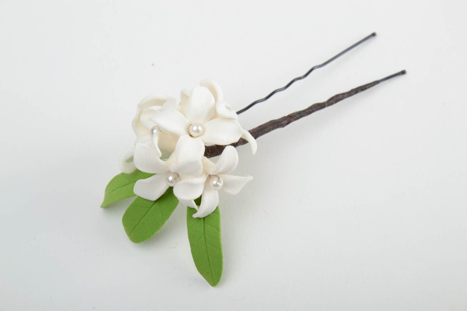 Handmade decorative metal hair pin with tender white self hardening clay flower photo 3