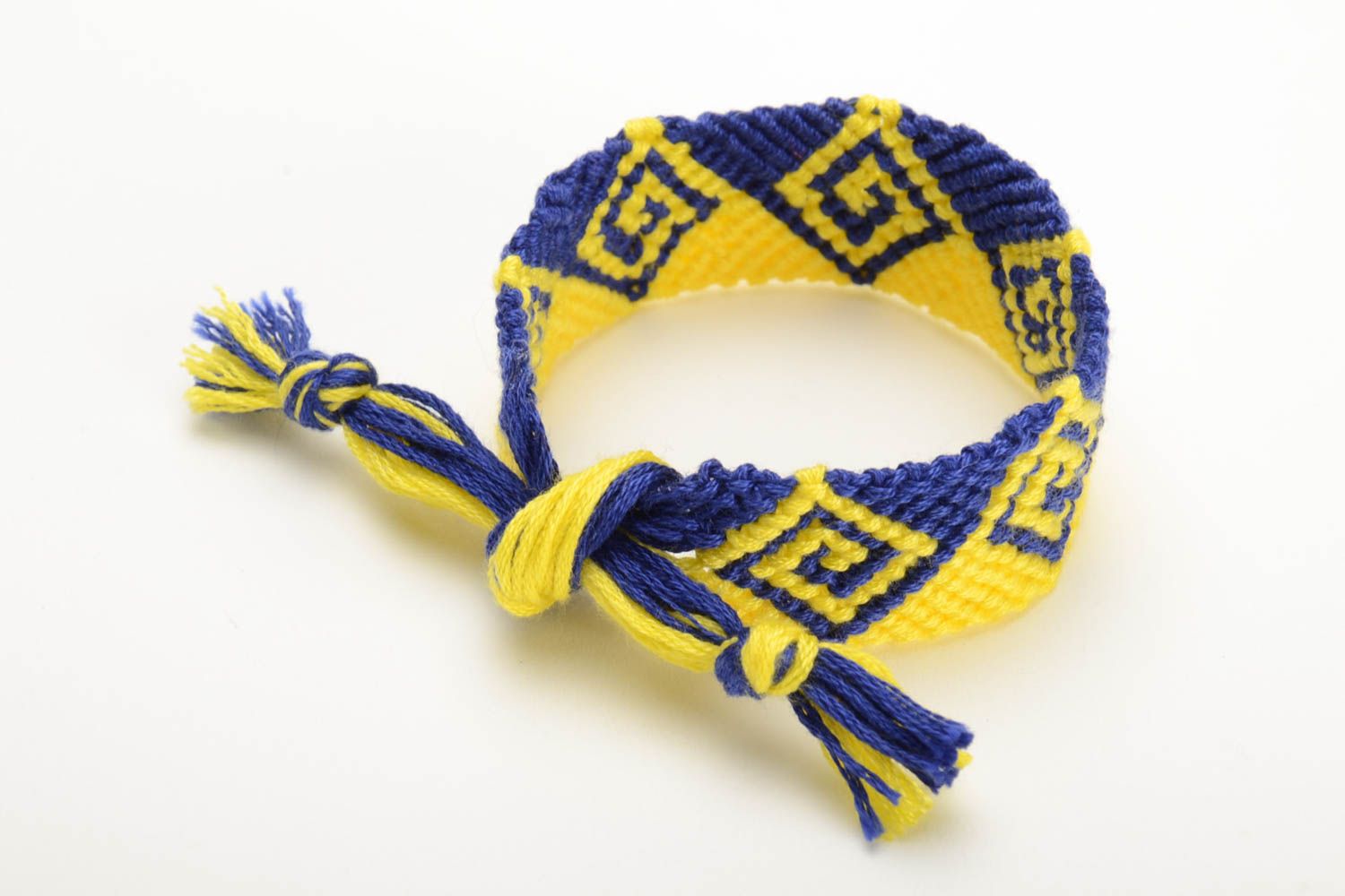 Handmade wide friendship wrist bracelet woven of yellow and blue embroidery floss photo 3