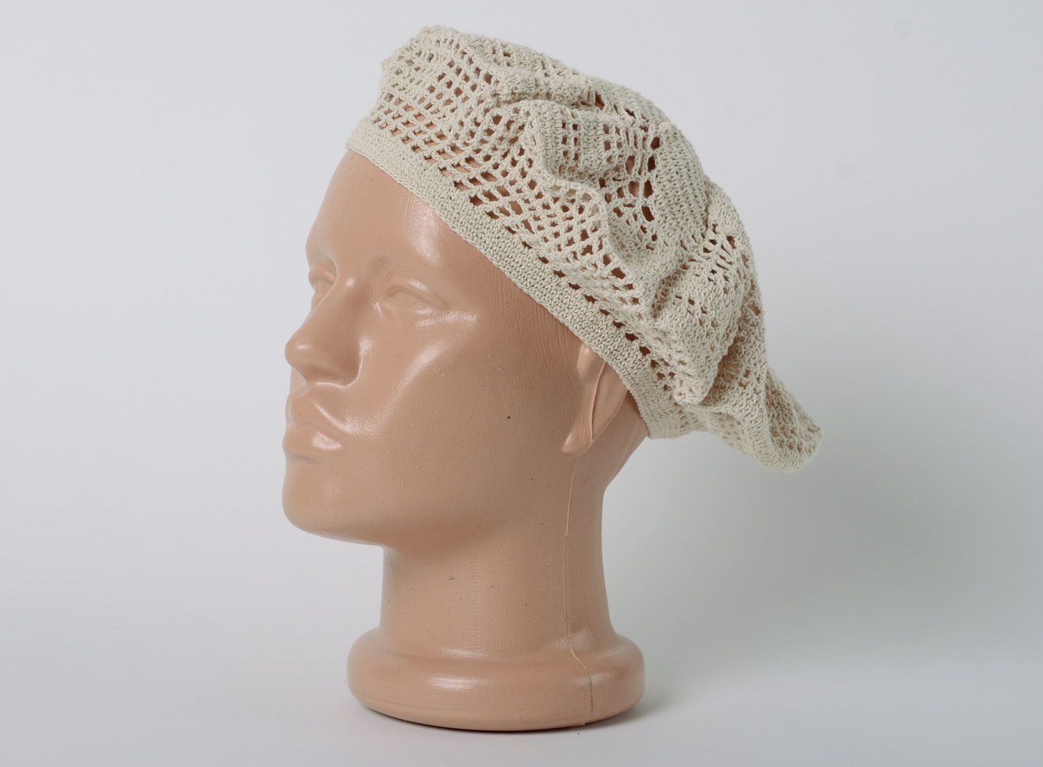 Tender lacy handmade beret hat crocheted of beige cotton threads for women photo 1