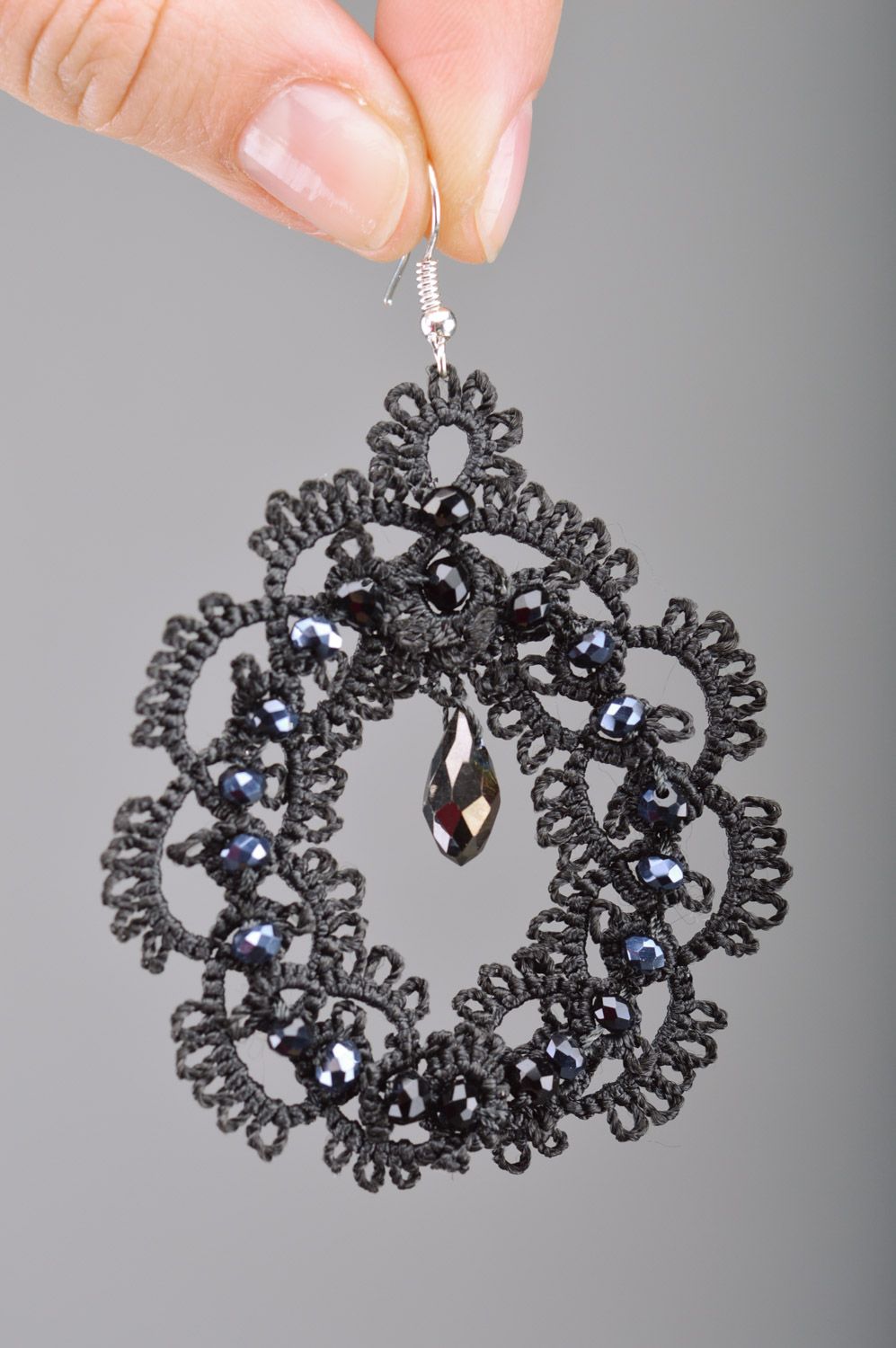 Large black lacy handmade earrings woven of satin threads using tatting technique photo 1