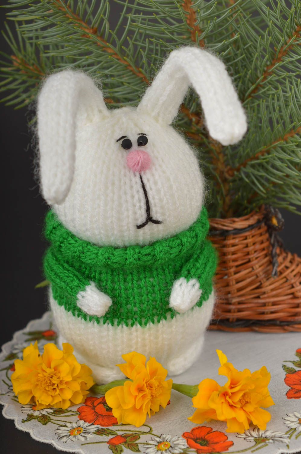 Мягкая игрушка ручной работы игрушка заяц в зеленом свитере детская игрушка фото 1