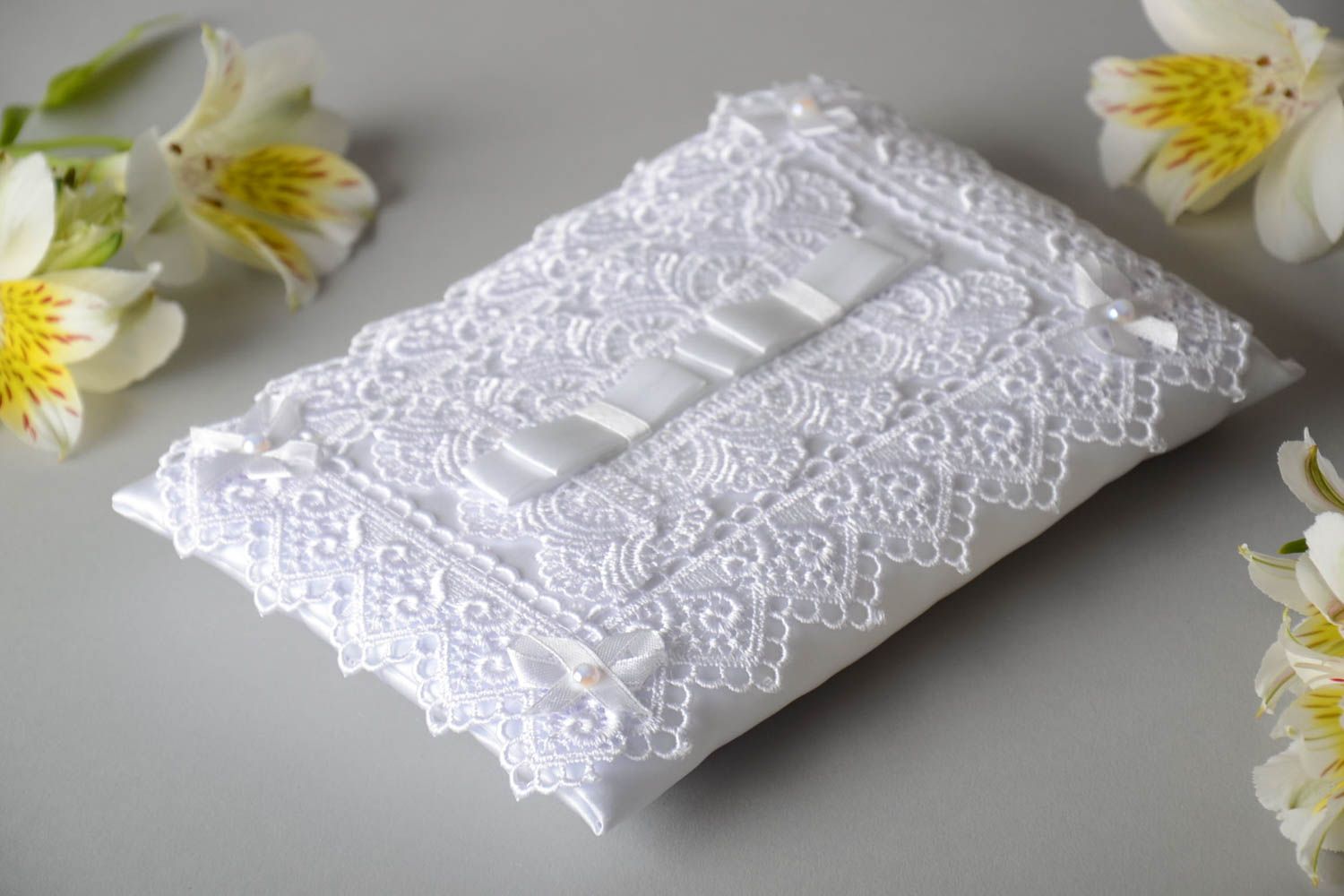 Beautiful handmade white satin wedding ring pillow of rectangular shape photo 1