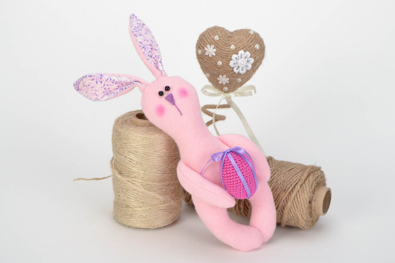 Handmade soft toy Pink Rabbit with crochet soft heart for children photo 1