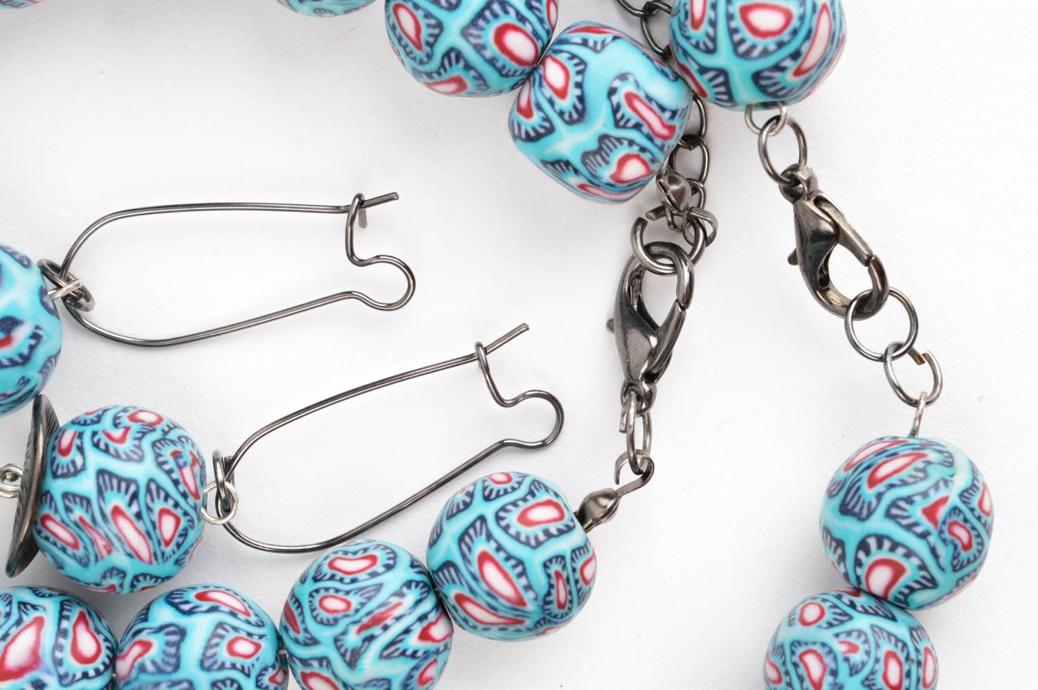 Set of pale blue link beaded bracelet and earrings for women photo 4