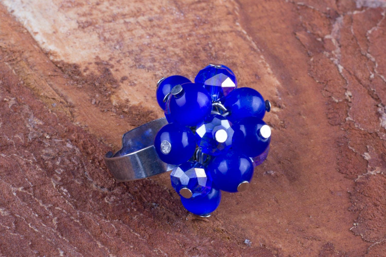 Handmade jewelry ring with blue natural stone beads on metal basis adjustable photo 1